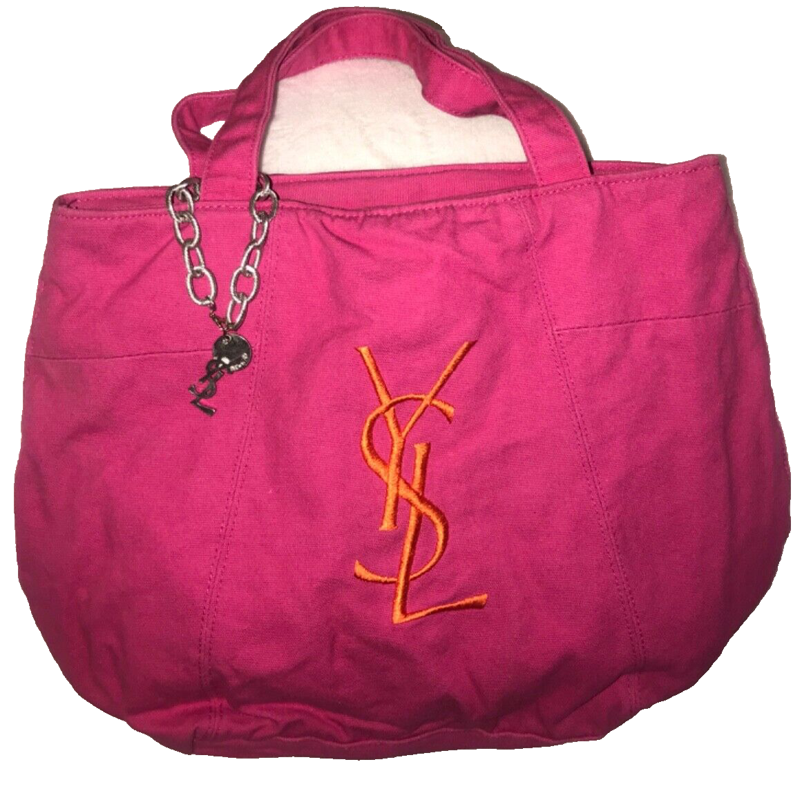 Borsa profumo Yves Saint Laurent rosa arancione logo YSL bracciale catena argento