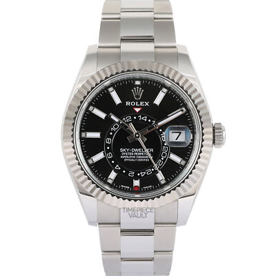 Rolex Sky-Dweller 326934 Steel Oyster 42mm Black Dial 18k Gold Fluted Bezel B&P