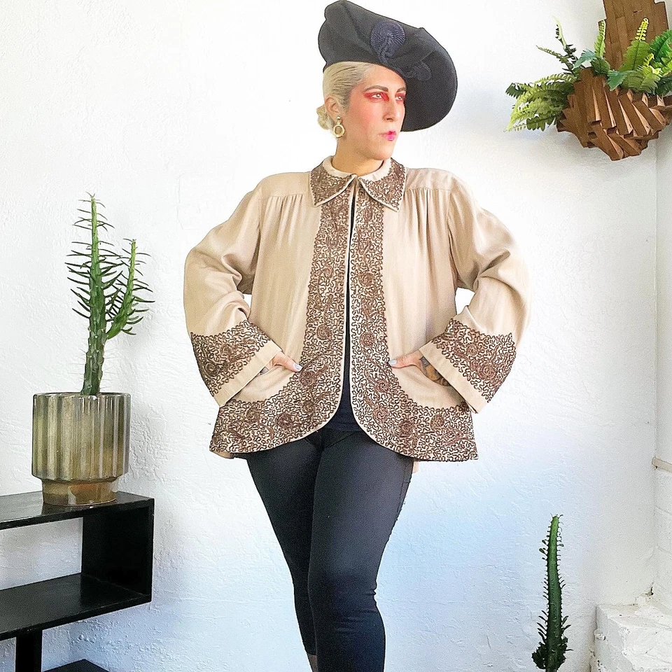 MANO Vidrio CUENTAS Lana GABARDINA 1940’s 40s Vintage Tostado Cobre Columpio Chaqueta L Xl Foto 2 de 4