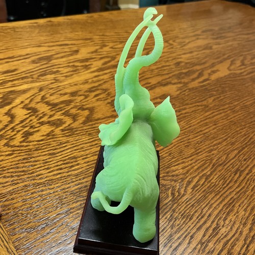 Rare Jade Color Elephant Statue Long Trunk Tusks, Wood Base Fortune Unique Nice! - Picture 3 of 9