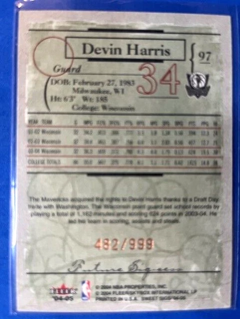 Devin Harris 2004-05 Fleer Sweet Sigs /999 RC - Mavericks - Image 2 of 2