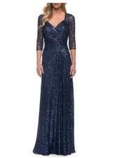 LA FEMME RUCHED SEQUIN COLUMN NAVY GOWN DRESS 12