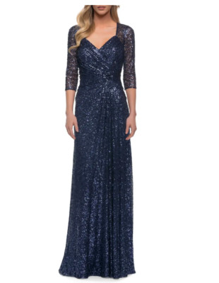 LA FEMME RUCHED SEQUIN  COLUMN NAVY GOWN DRESS 12