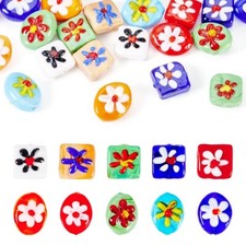 20Pcs Oval Square with Flower Handmade Lampwork Beads 15 20x15 16.5x7.5 10mm
