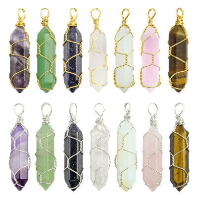14PCS Chakra Natural Gold+Siver Wire Wrapped Stone Crystal Quartzs Point Pendant