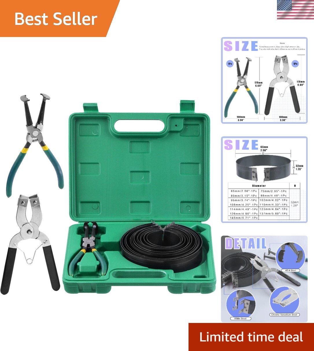 14-Piece Auto Engine Piston Ring Compressor Tool Set with Pliers and Rings