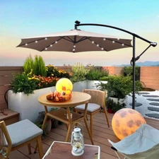 FunniHomi 10 ft Solar LED Lighted Offset Cantilever Umbrella with Cross Base