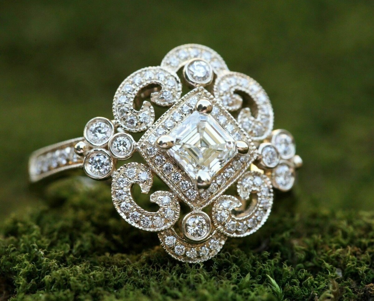 Art Deco Ct Asscher Cut Diamond Vintage Wedding Ring 14K