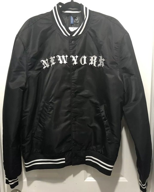 H&M Men's Black Bomber Jacket W/Print White Striped Cuffs and Collar