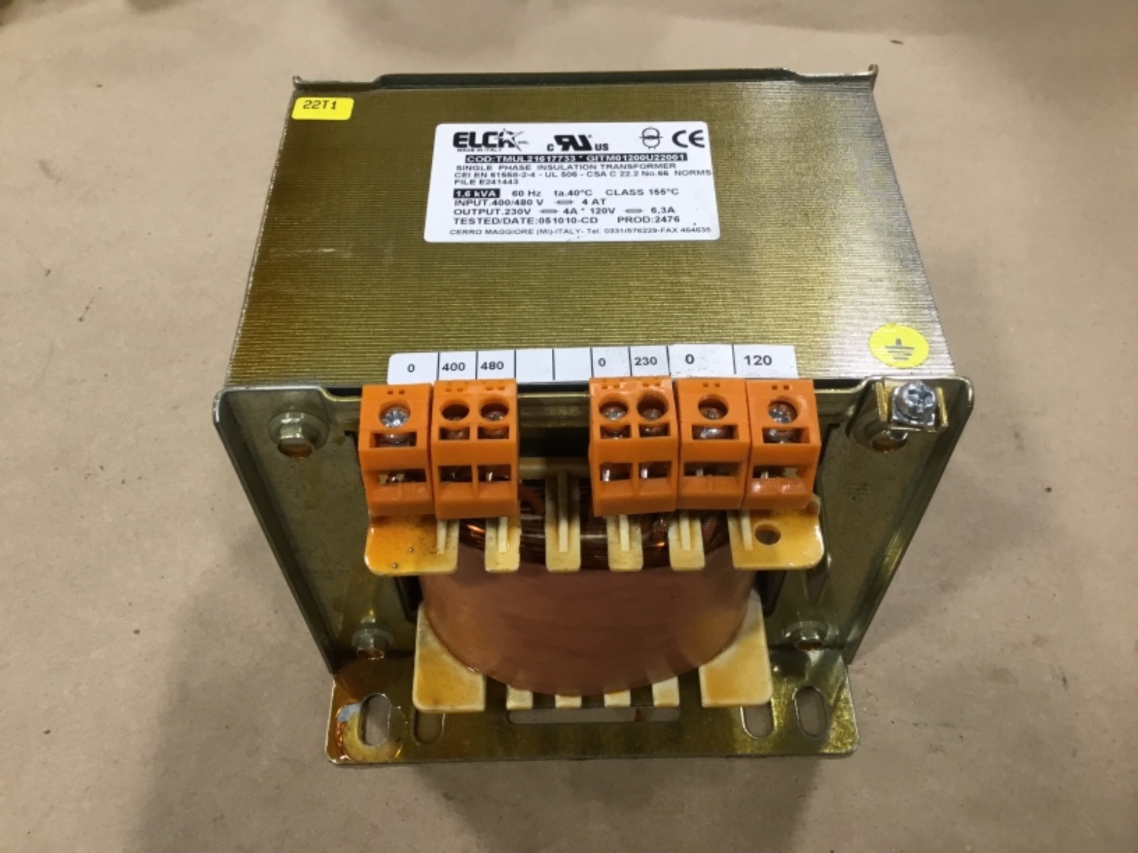 Transformador de aislamiento Elca TMUL21617733 1,6 kva 400/480V 1ph #76DKTK