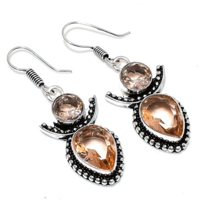 Peach Morganite Gemstone Handmade 925 Sterling Silver Jewelry Earring Size 1.80''