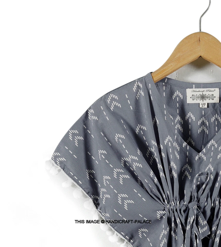 Soft Cotton Kids Girls Kaftan Dress Gray Printed Night Wear Maxi Dresses 3 to 9Y - Image 2 of 4