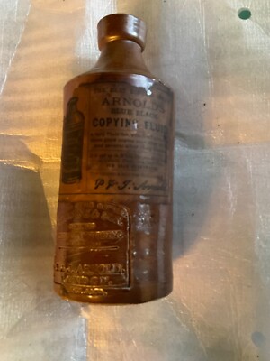 Arnold's Writing Fluid Stoneware Ink Bottle w/ Original Paper Label - 9 1/4'' H