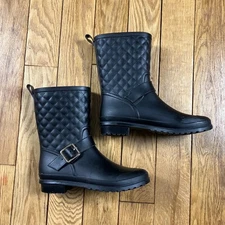 Capelli New York Black Quilted Rubber Rain Boots Buckle Ankle Mid Calf Size 8