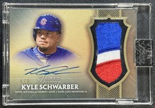 KYLE SCHWARBER 2017 TOPPS DYNASTY #AP-KS3 GAME-USED 3-COLOR PATCH AUTO GOLD 4/5
