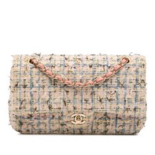 Authenticated Chanel Medium Classic Boucle Tweed Double Flap Pink Fabric