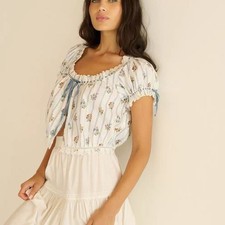 Doen Countryside floral hollow embroidery bubble sleeve shirt