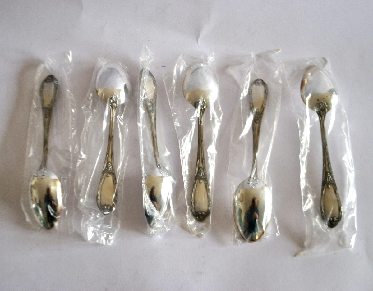DEETJEN Lot 6 cuillères café dessert en métal argenté Rubans croisés NEUF 14.5