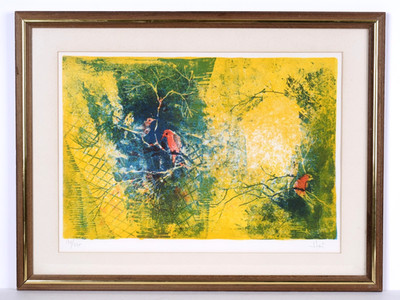 Hoi Lebadang ''Red Birds'' Artist Hand Signed & #'D L.E. 178/275 Framed Lithograph