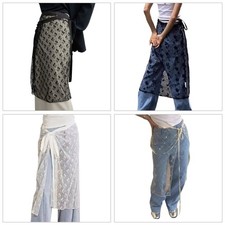 Women Vintage Tie Up See Through Sequins Flower Lace Apron Long Skirt Hip Scarf