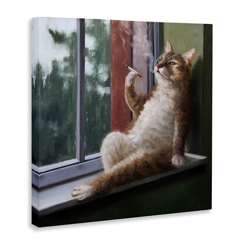 House Cat Smoking Lounging in Window Pane Canvas Wall Art, 17x17, Green - Picture 3 of 7