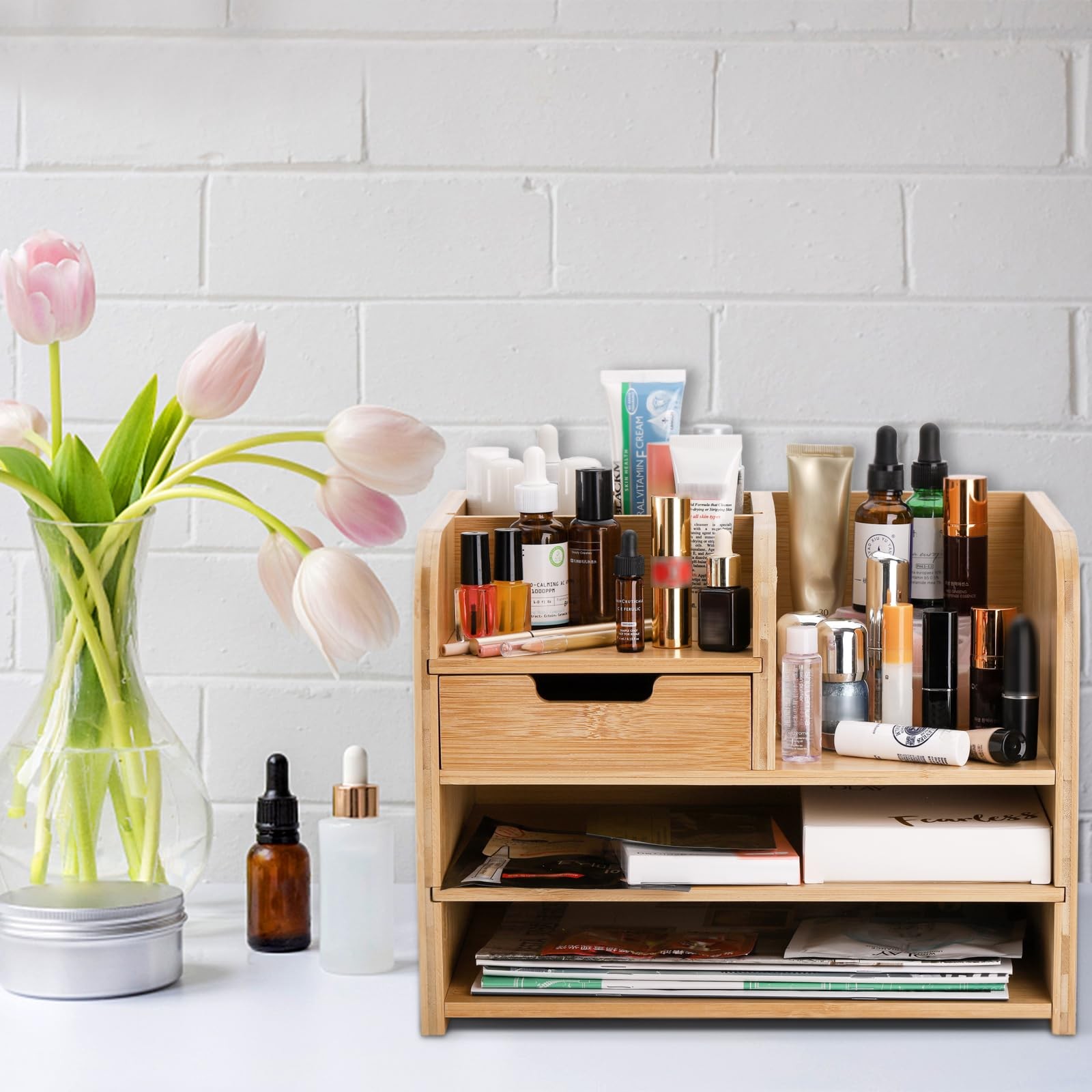 Frcctre Bamboo Desk Organizer with Drawer 3-Tier File Paper Pen Holder Statio...