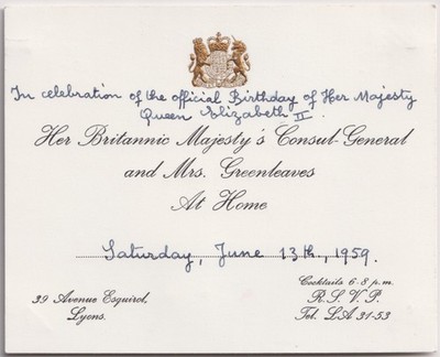 1959 Britisches Konsulat Einladung Queen Elizabeth II Geburtstag Lyon Frankreich Karte