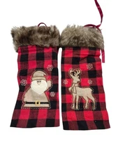 Buffalo Plaid Christmas Wine Bottle Gift Bag Pair Santa Reindeer Fur Trim