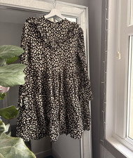 ZARA Black Beige Leopard Animal Print High Neck Ruffle Smock Short Dress M
