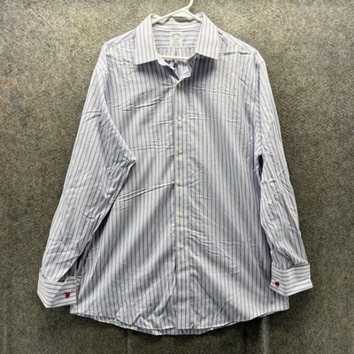 Brooks Brothers Dress Shirt Mens 16.5 34 Purple Stripe Regent Non Iron Supima