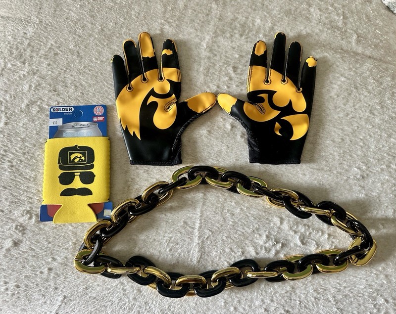 Misc Iowa Hawkeyes Lot:  Team Worn Viper Gloves, Jumbo Chain, Hayden Fry Koozie