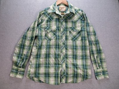 VINTAGE Wrangler Shirt Mens Large Green Yellow Blue Plaid Pearl Snap Wes G2U