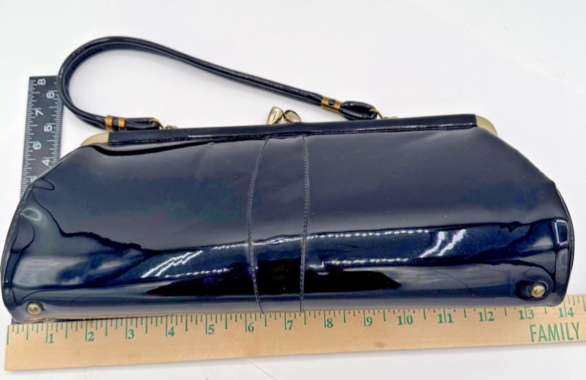 Vintage Black Patent Leather Top‎ Handle Structured Handbag Evening Purse