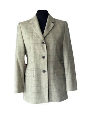 DINOMODA Damen Blazer Gr.36 Olivegrün kariert Tweed-Stil Vintage Wolle