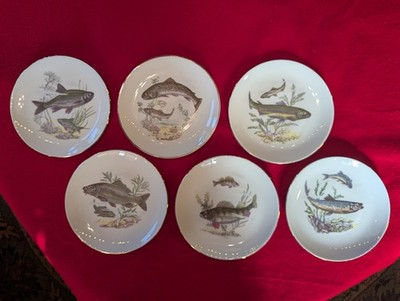 Kahla KHL51 GDR East Germany Fish Salad Plates Set of 6 Scenes A-F Gold Trim