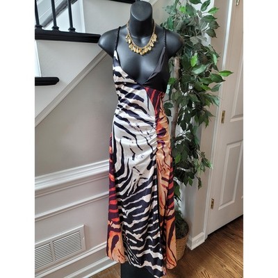 Fashion Nova Maxi Gown Women Small Multi Zebra Satin Ruched Sweetheart Spaghetti