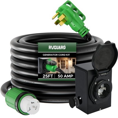 RVGUARD Emergency Power Combo Kit, 25 Foot 50 Amp Generator Cord and Power inlet