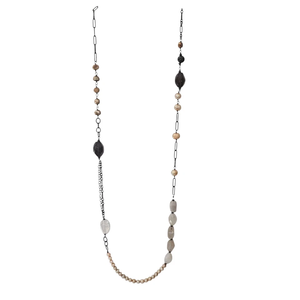 Collar largo de piedras preciosas Silpada bronce y perlas de champán, cuarzo esterlina N1421 Foto 4 de 4