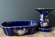 Vtg Japan Cobalt Blue Floral Ceramic Bathroom 2pc Set Toothbrush Holder soapDish