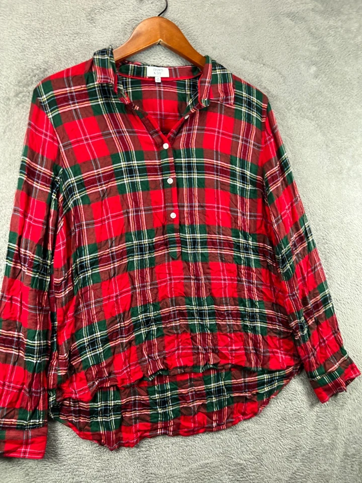 Crown & Ivy Womens Medium Top Red Plaid Shirt Long Sleeve Collard Popover Ladies - Image 4 of 4