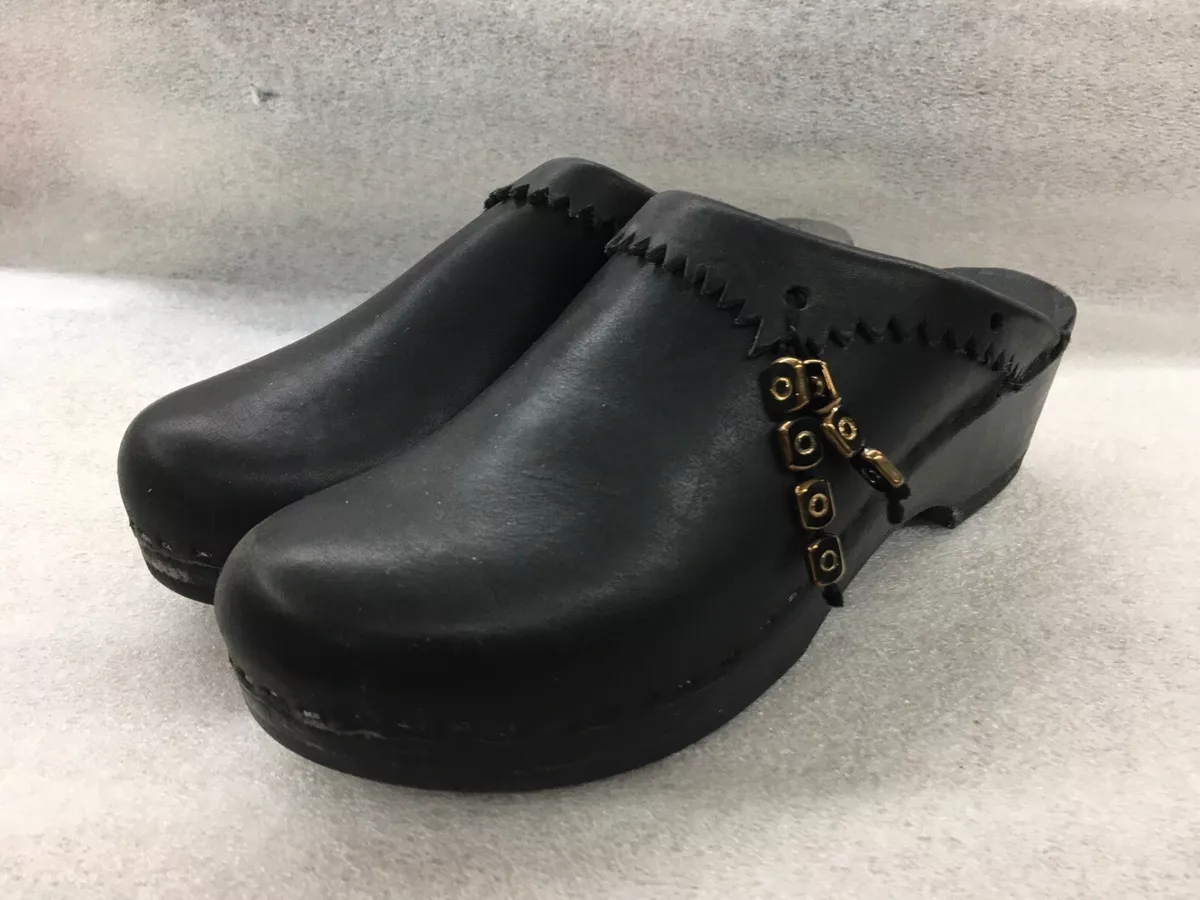 Sven Swedish Wood Black Leather Slip On Heeled Clogs Size 38 US 7.5 8