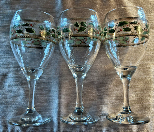Royal Limited "Holly Holiday" 10 Oz Wine Goblets Glasses Set of 3 - 7.5" - Picture 3 of 6