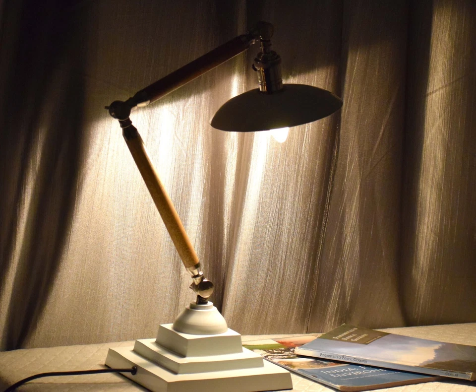 "Rustic Charm Meets Modern Elegance Nickel Brass White Lamp with Wooden Stand - Image 3 of 4