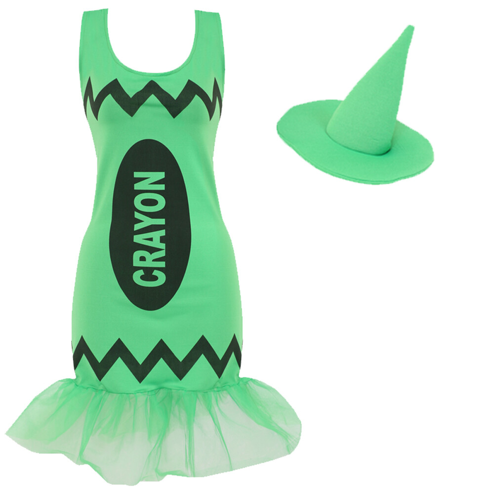 LADIES GREEN CRAYON DRESS & HAT COSTUME BOOK DAY FANCY DRESS NOVELTY HEN PARTY