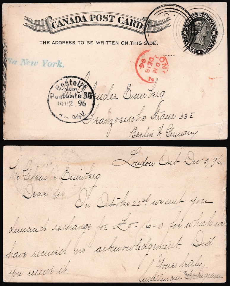 Canada Cover 1896 Prepaid Post Card Victoria 1c London to Germany Z2720