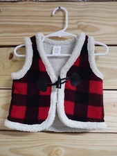Toddler Unisex Red/Black Plaid Vest w/White Trim - Size 12 Months - D10