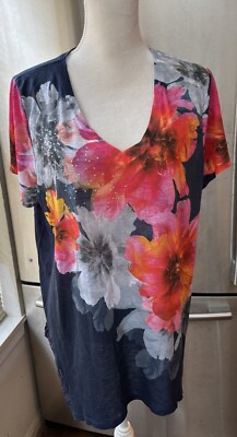 Womens Floral Tee (Size XXL) Top Asymmetric SS Sharkbite Lace Hem Rhinestones