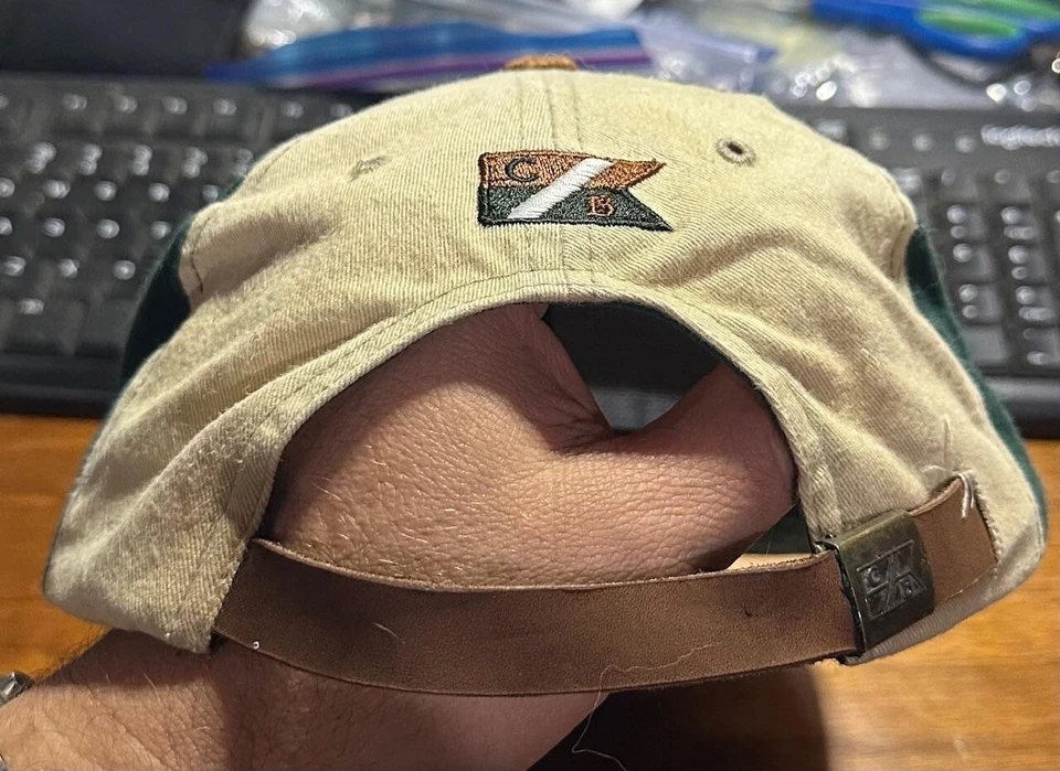 复古 Cutter & Buck 绿色棕褐色皮革表带棒球帽 1990 年代帽子 #QP — 第 3/4 张图片