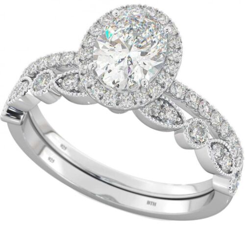 New 925 Silver Ladies 2 piece Oval Cut Halo Wedding Engagement Ring Set |  eBay