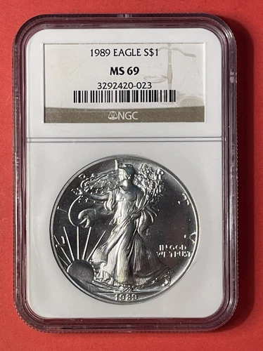 1989 American Silver Eagle Dollar, NGC Graded MS69, Gem Uncirculated.